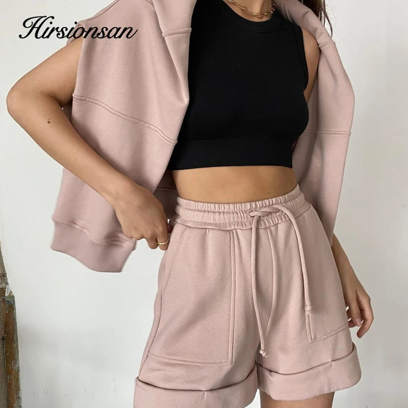 Hirsionsan Soft Cotton Sets Women 2022 New Casual Two Pieces Long Sleeve Sweatshirt & High Waist Shorts Solid Outfits Tracksuit