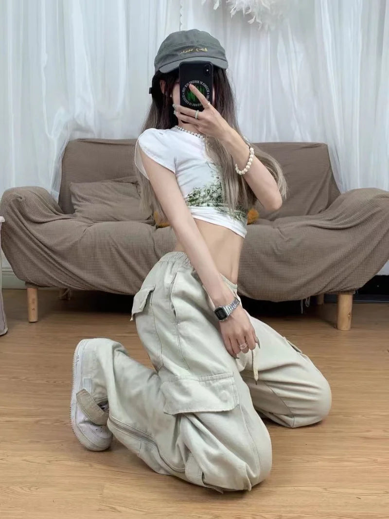 Women Big Pockets Cargo Pants Y2k High Elastic Waist Drawstring Baggy Trousers Vintage Casual Loose Side Zipper Straight Pants