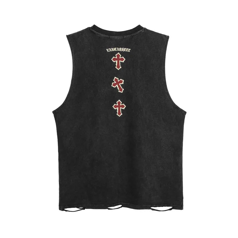 American High Street Washed Letters Printed Hip Hop Tank Top Men's Vest Gothic Punk Fashion Brand Bottom Hole Sleeveless T-shirt