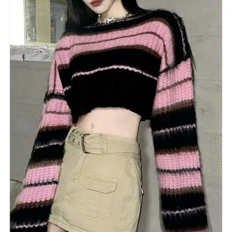 Deeptown Y2K Korean Style Pink Cropped Sweater Women Striped Jumper Vintage Female  Autumn Long Sleeve Crewneck Pullovers Tops