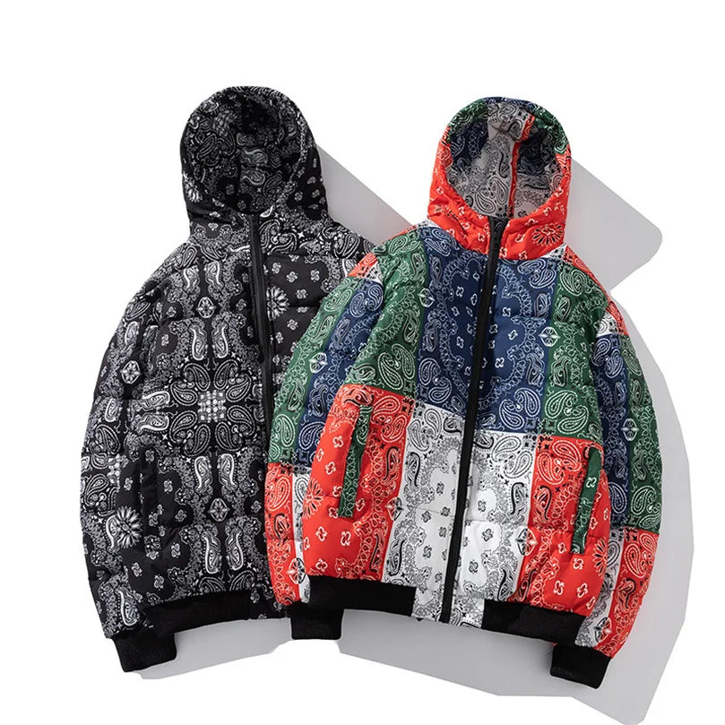 2022 New Winter Jacket Men Bandana Print Patchwork Cotton Padded Coat Thick Warm Hooded Varsity College University Outerwear