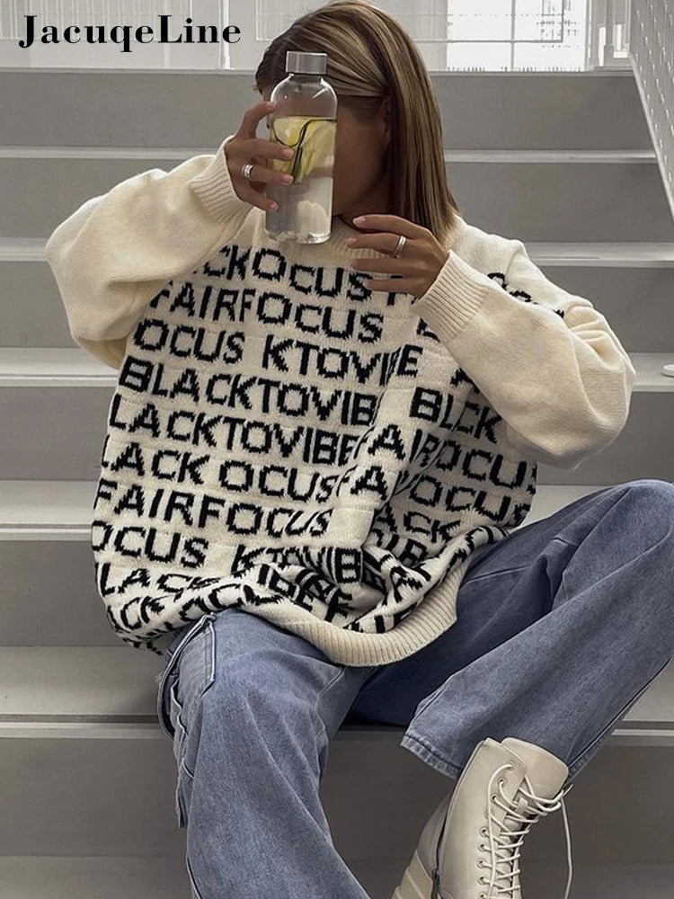 Jacuqeline y2k Letter Oversized Long Sweater Women Winter 2022 Long Sleeve Knitted Loose Pullover Casual Fashion Jumpers Tops