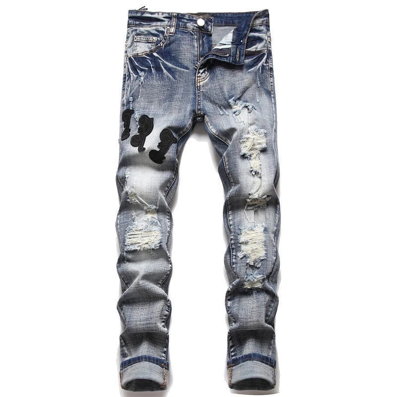 European American Style Men's Fashion Brand Ripped Stretch Jeans Slim Fit Pants Casual Hip Hop Pants Street Style Clothing