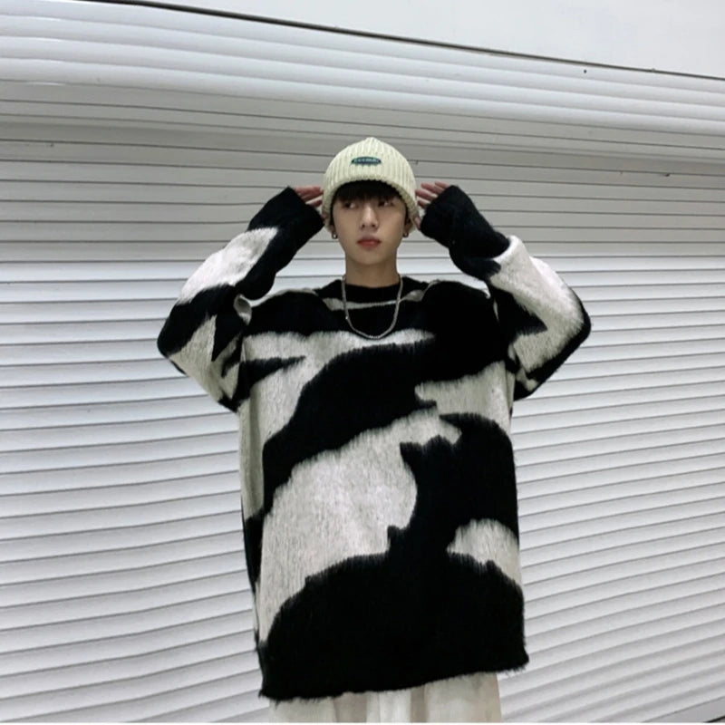 Men Women Harajuku Sweater Black White Tie Dye Pullover Top Round Neck Oversized Loose Knitted Jumper T-Shirt Streetwear