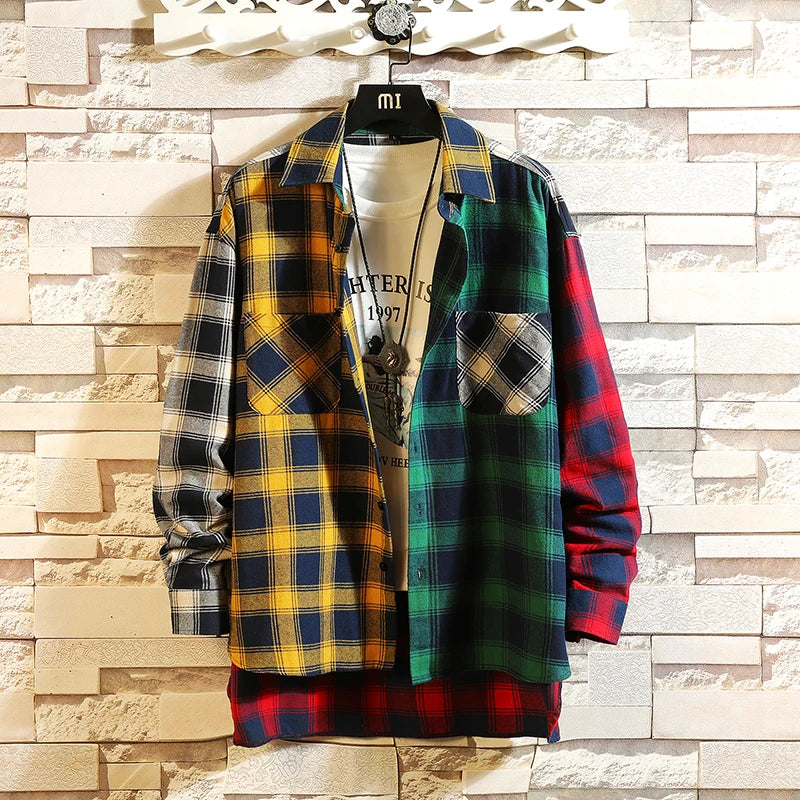 2023 Hip Hop Streetwear Patchwork Casual Plaid Shirt Mens Long Sleeve Loose Blous