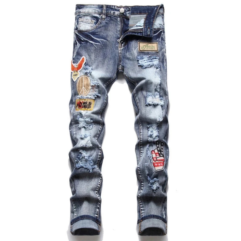 European American Style Men's Fashion Brand Ripped Stretch Jeans Slim Fit Pants Casual Hip Hop Pants Street Style Clothing