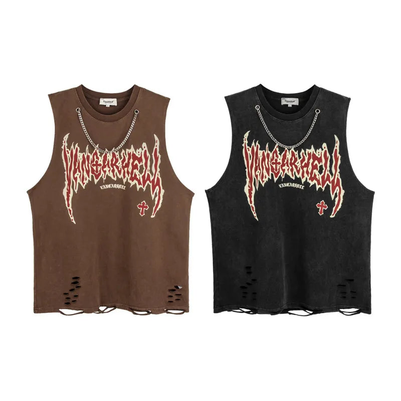 American High Street Washed Letters Printed Hip Hop Tank Top Men's Vest Gothic Punk Fashion Brand Bottom Hole Sleeveless T-shirt