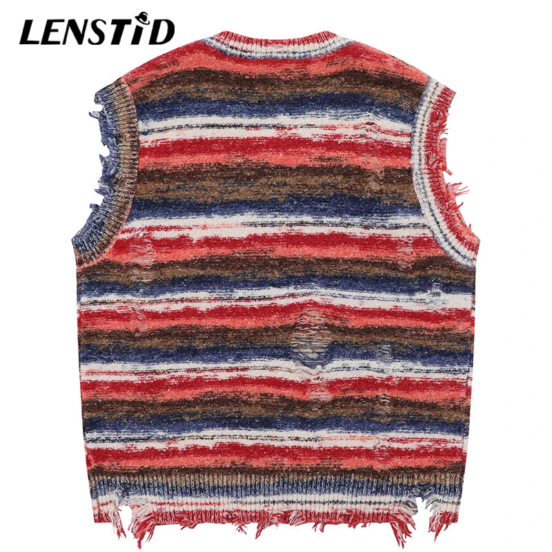 Autumn Men Sleeveless Knitted Jumper Sweaters Hip Hop Ripped Striped Knitwear Vests Streetwear Harajuku Fashion Casual Pullovers