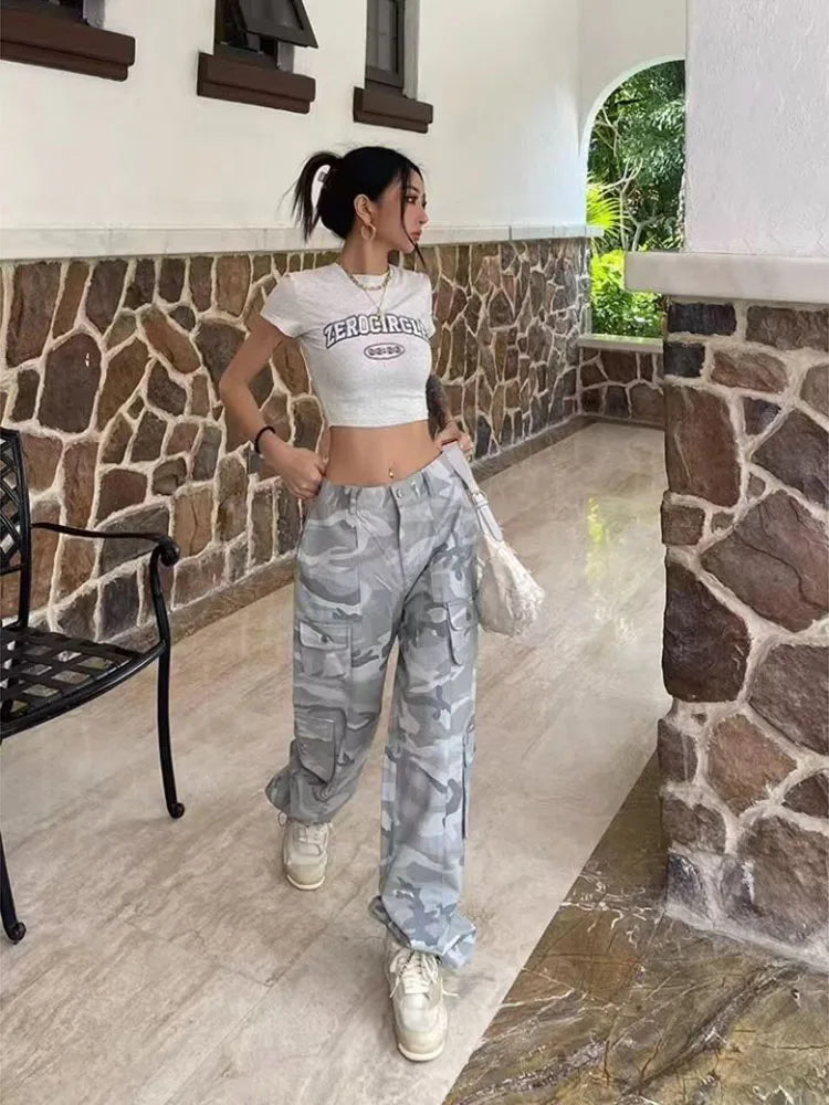 Women Casual Gray Camouflage Cargo Pants Y2K Spring Autumn 2023 Mid Waist Wide Leg Pockets Trousers Baggy Streetwear HipHop Pant