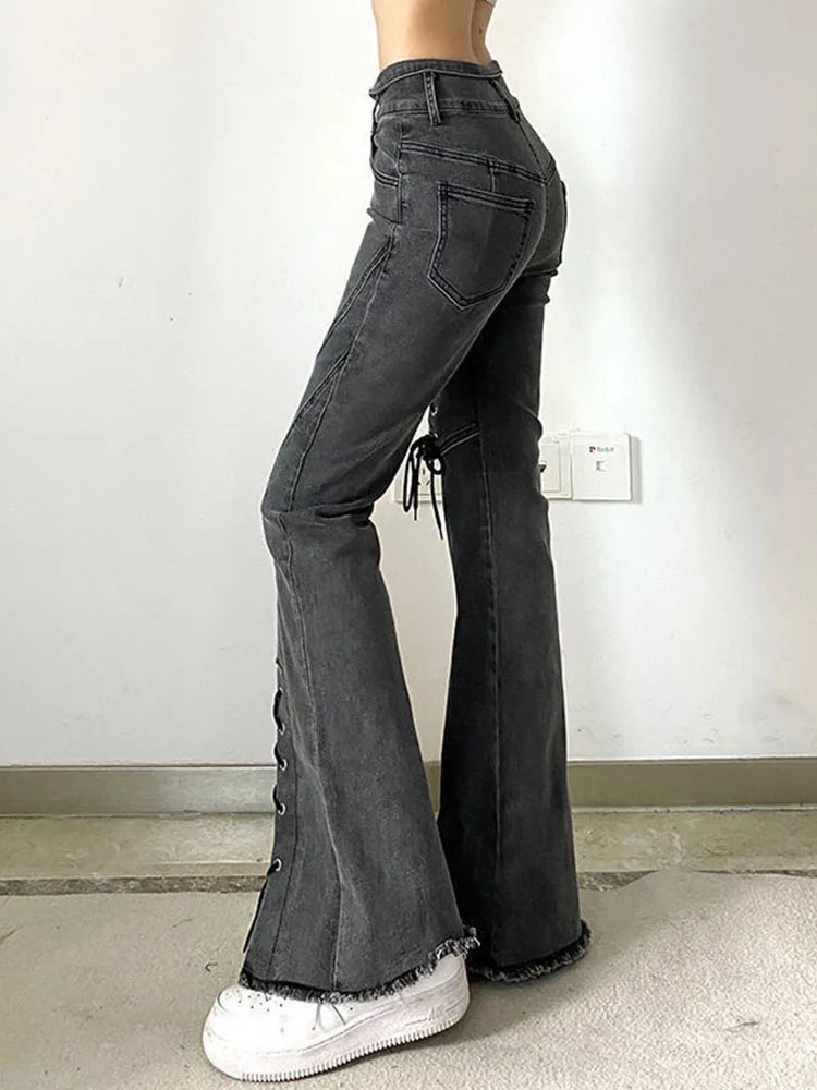 American Retro Flare Jeans Split Hem Slim Grey Bell Bottoms Women Fashion Cross Bandage Denim Trousers Hiphop High Street Kpop