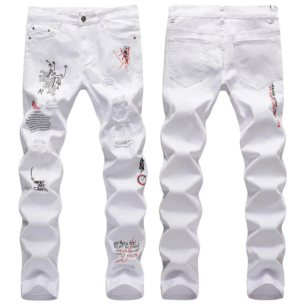 Embroidery Letters White jeans for Mens Spring Autumn Black Ripped Cowboy Pants Character Zipper Denim Hip Hop Trousers Male