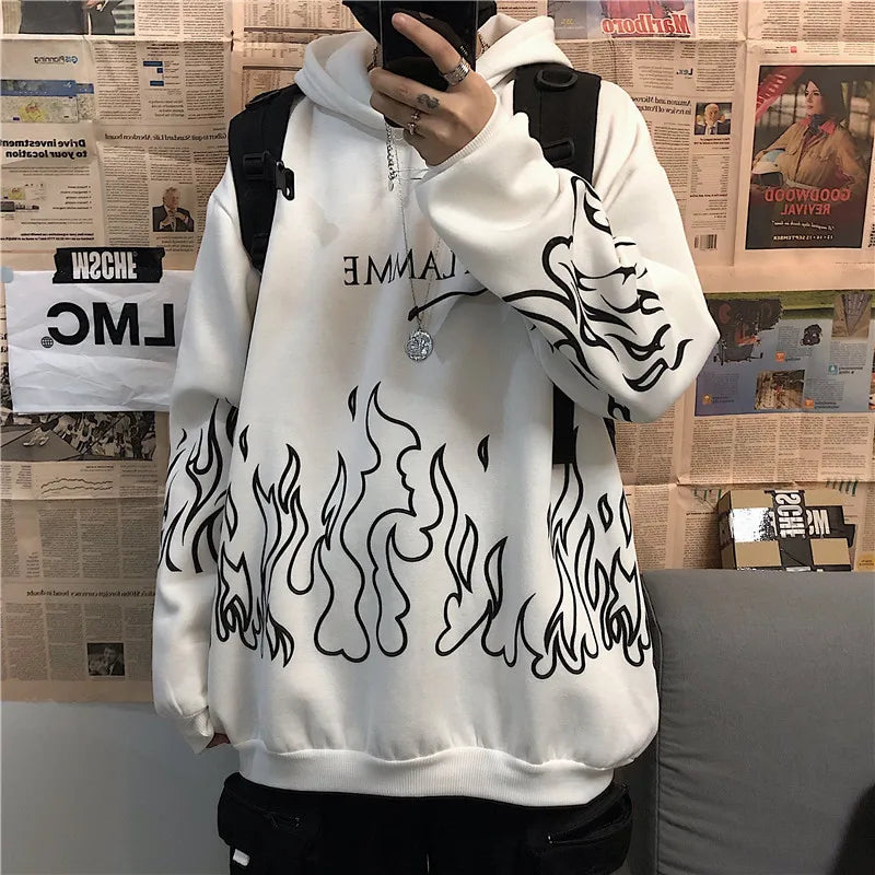 Women Flame Print Sweatshirts Autumn Hip Hop Retro Punk Oversized Zip Up Hoodies Female Gothic Long Sleeve Pullover Hooded Tops