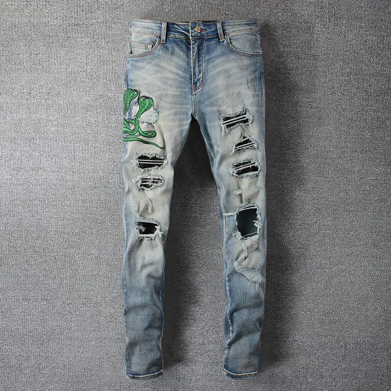 High Street Animal Snake Embroidery Patchwork Jean Hombre Motorcycle Pants Streetwear Ripped Jean Noir Homme Zipper Jean For Men