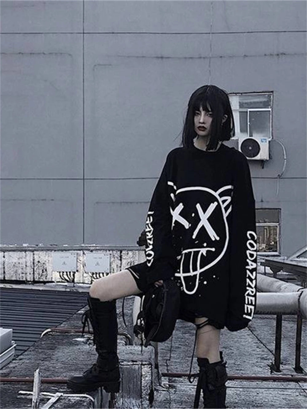 Harajuku Women Alt Emo Tshirts Oversized Long Sleeve E Girl Pullovers Hip Hop Punk Streetwear Tees Black Loose T-Shirt Clothes