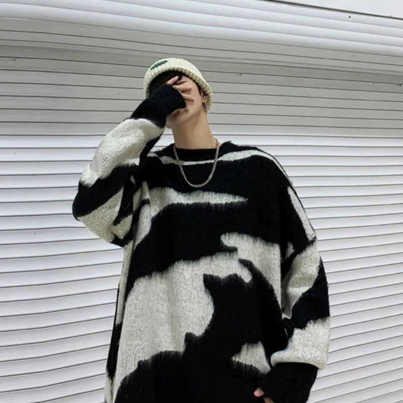 Men Women Harajuku Sweater Black White Tie Dye Pullover Top Round Neck Oversized Loose Knitted Jumper T-Shirt Streetwear