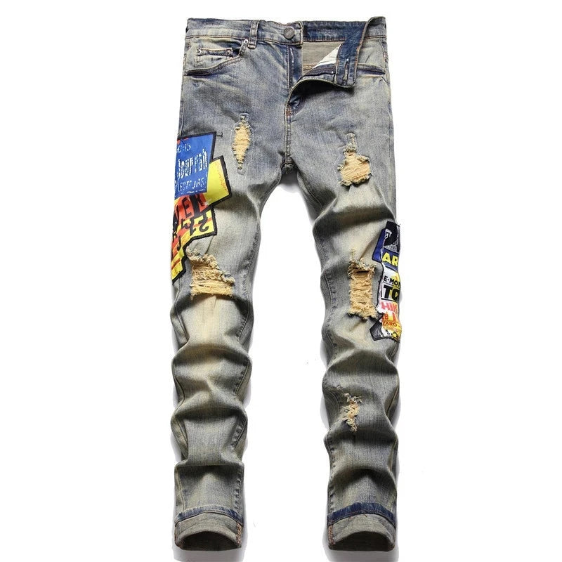 European American Style Men's Fashion Brand Ripped Stretch Jeans Slim Fit Pants Casual Hip Hop Pants Street Style Clothing