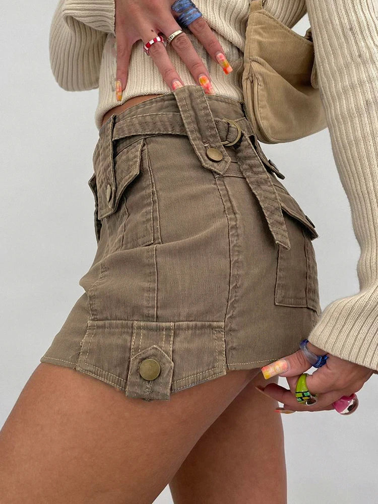 IAMHOTTY Grunge y2k Cargo Denim Skirt Khaki High Waist Vintage Multi Pockets Straight Casual Jean Skirts Korean Style Streetwear