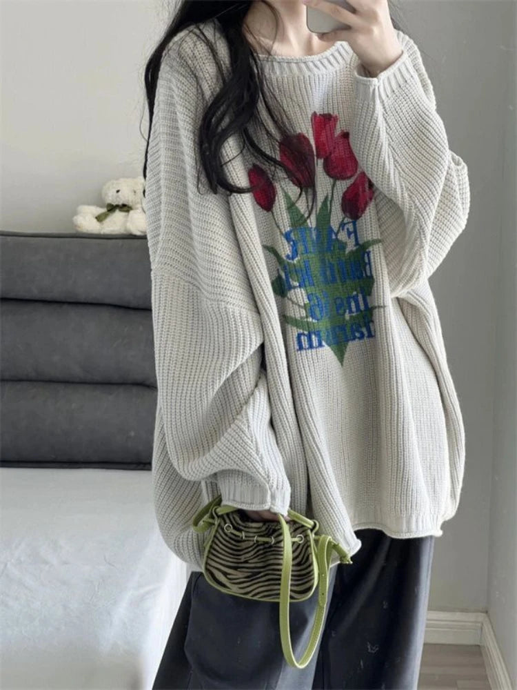 Deeptown Retro Knitted Sweater Women Harajuku Vintage Floral Print Jumper Loose Casual Long Sleeve O-neck Tops Y2K Clothes Sweet