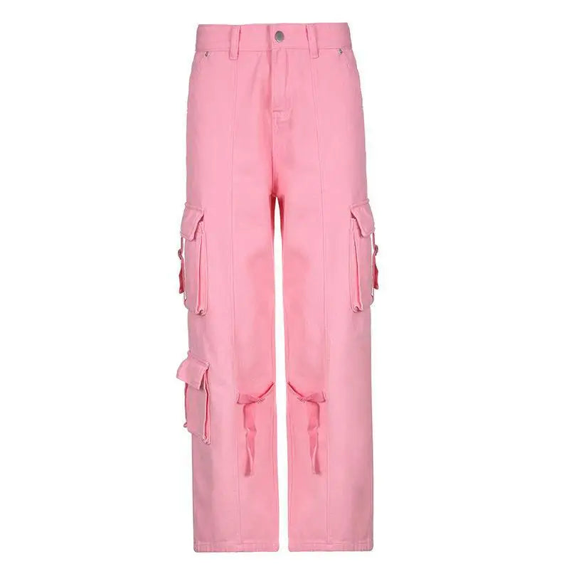 HOUZHOU Vintage Pink Cargo Pants Women Y2K Cargo Trousers Female Streerwear Hip Hop Pockets Harajuku Casual Retro Ribbon