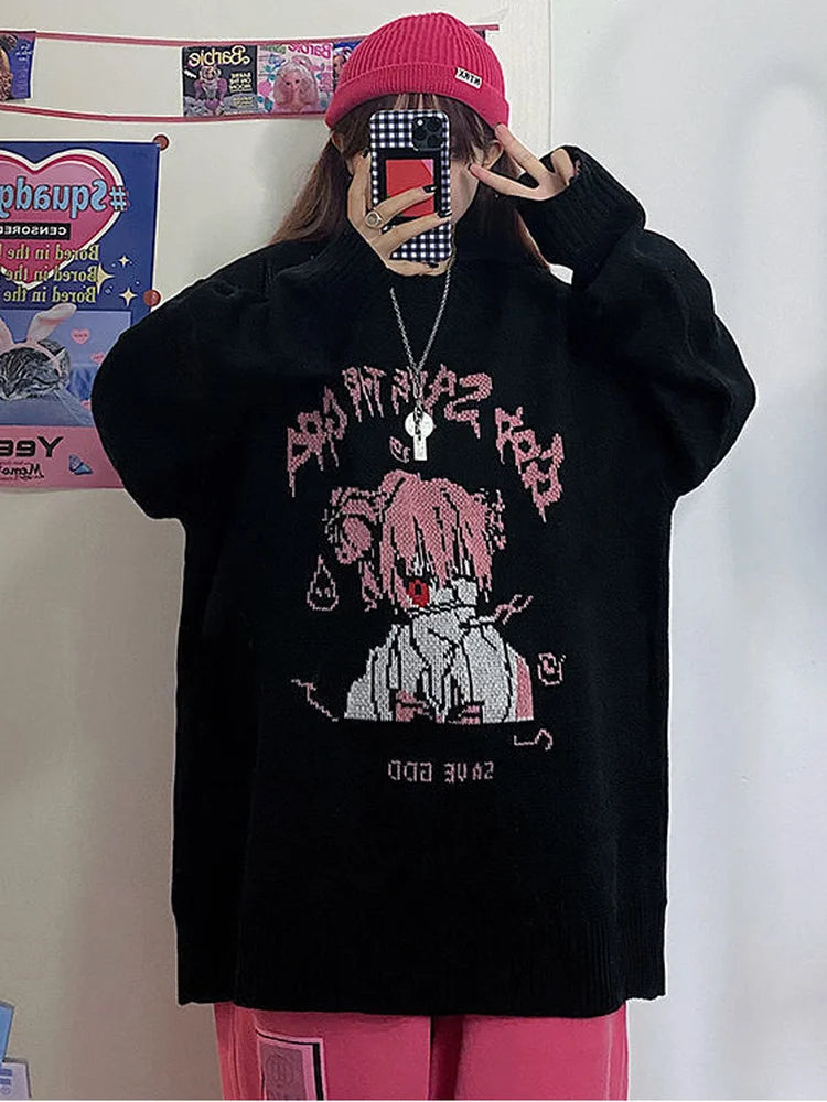 Woherb Black Sweater Women Harajuku Cartoon Girl Print Knitted Pullover 2023 Y2k Fashion Pull Femme Punk Korean Ulzzang Jumper