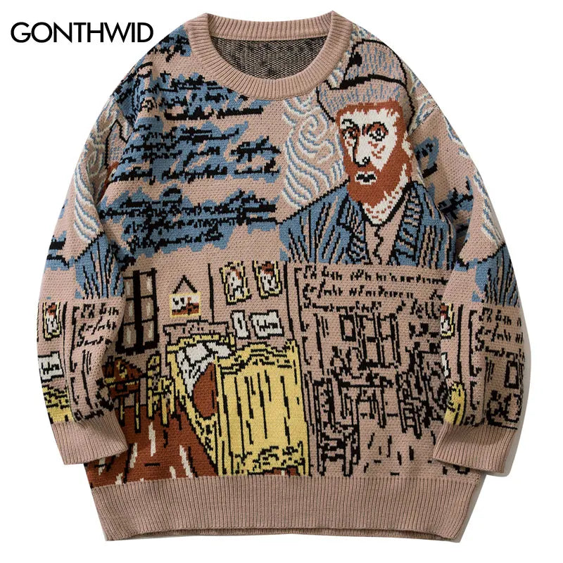 Vintage Sweater Streetwear Hip Hop Knitted Retro Van Gogh Jumper 2023 Harajuku Punk Goth Sweater Fashion Loose Pullover Y2K Blue