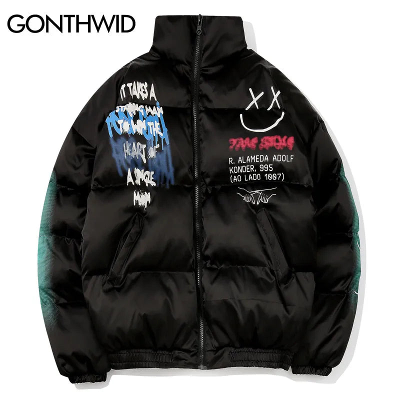 GONTHWID Graffiti Print Puffer Cotton Padded Parkas Streetwear Hip Hop Casual Thick Warm Jackets Coats Hipster Fashion Winter Co