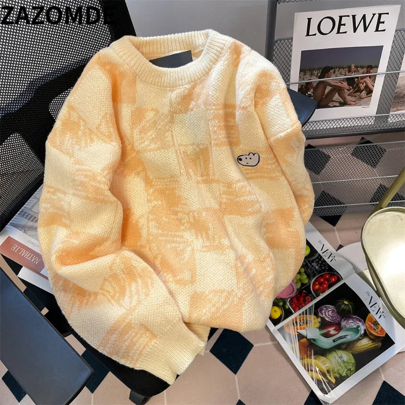 ZAZOMDE Sweater Men Harajuku Knitted Hip Hop Streetwear Cartoon embroidery Pullover O-Neck Oversize Casual Couple Male Sweaters