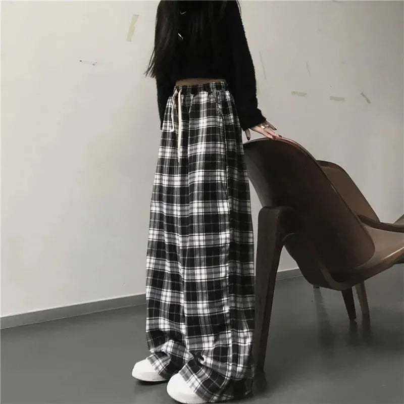 Black and White Plaid pants Oversize New Women Casual Loose Wide Leg Trousers Ins Retro Teen Straight Trousers Hiphop Streetwear