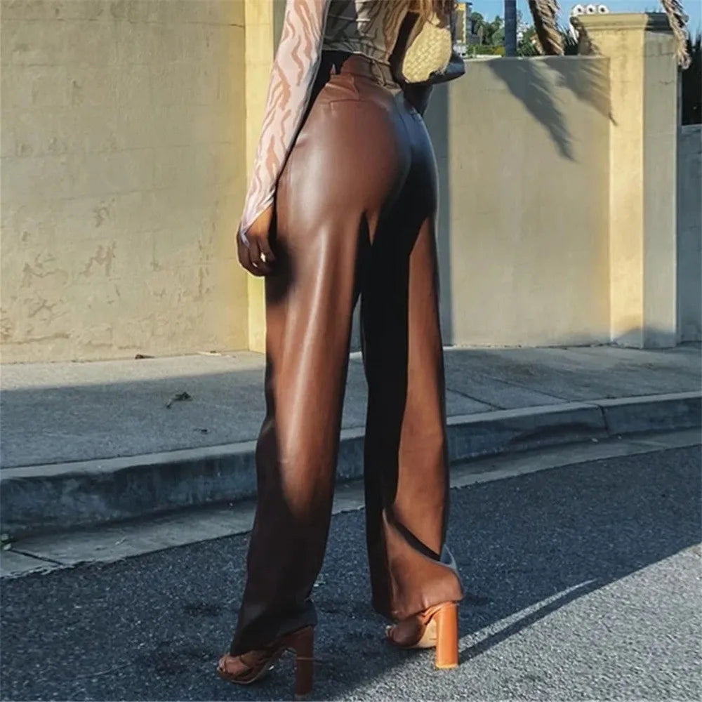 Europe, America, Autumn and Winter PU Leather Slim High Waist Straight Women Elegant Fashion Street women's Leather Pants.