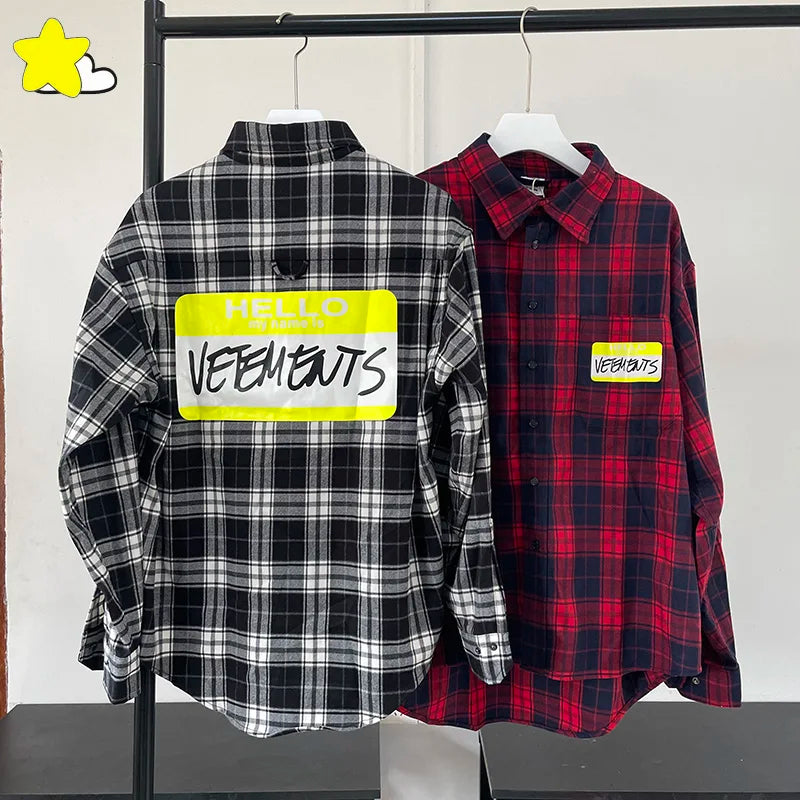 Classic Style Casual Oversized Vetements Plaid Shirt Men Women Heavy Fabric Hip Hop Yellow Label Black Red VTM Shirts Top