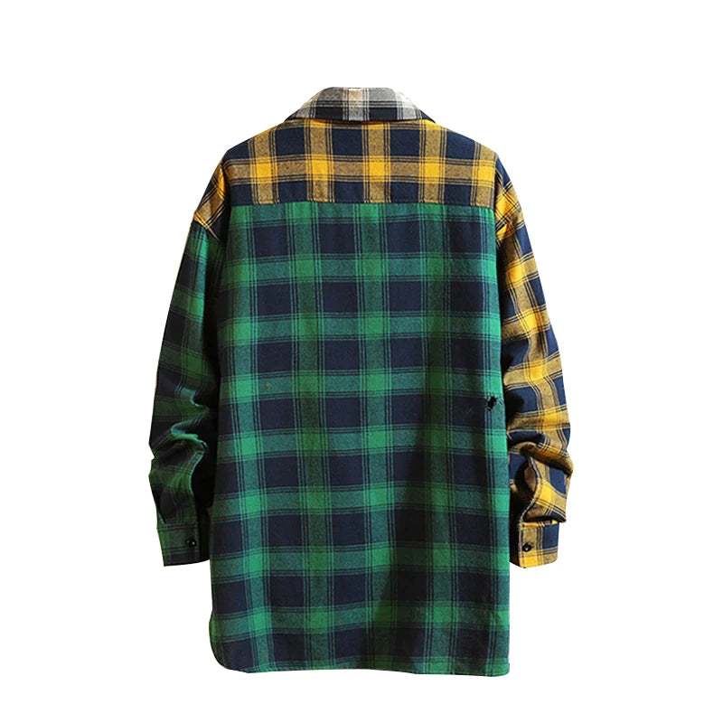 2023 Hip Hop Streetwear Patchwork Casual Plaid Shirt Mens Long Sleeve Loose Blous