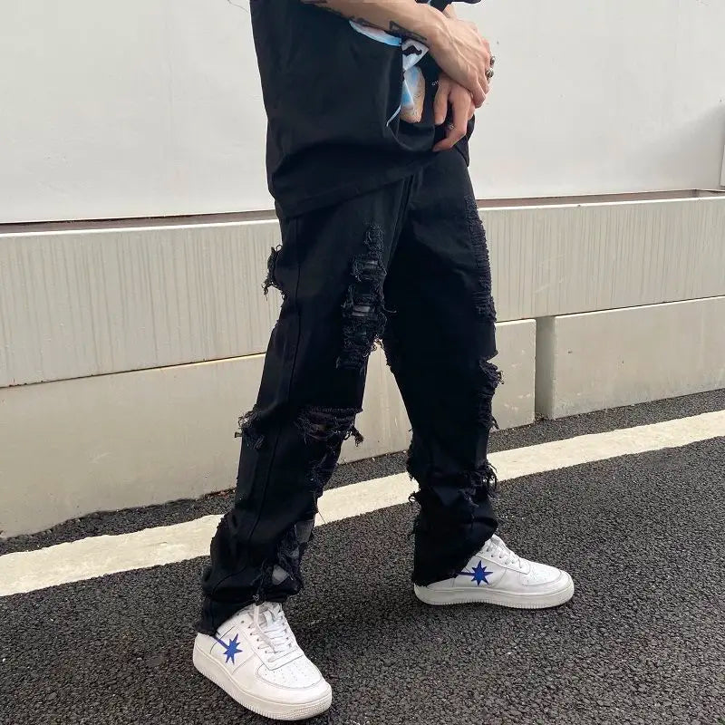 Streetwear Women and Mens Knife Ripped Jeans Embroidered Straight Loose Wide Leg Pants Hip Hop Cool Beggar Trousers Harem Pants