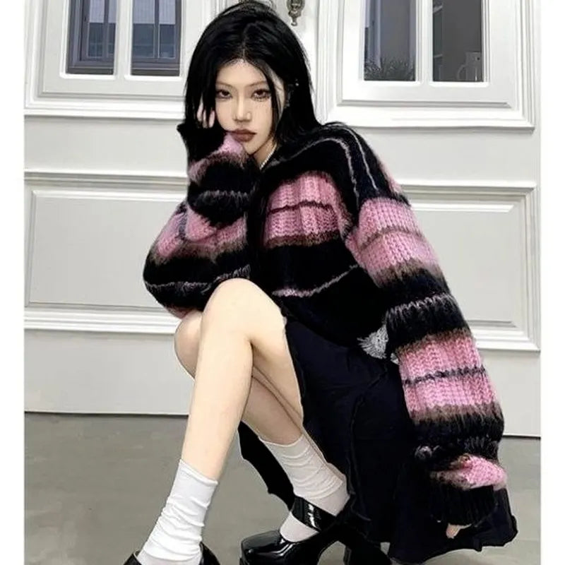 Deeptown Y2K Korean Style Pink Cropped Sweater Women Striped Jumper Vintage Female  Autumn Long Sleeve Crewneck Pullovers Tops