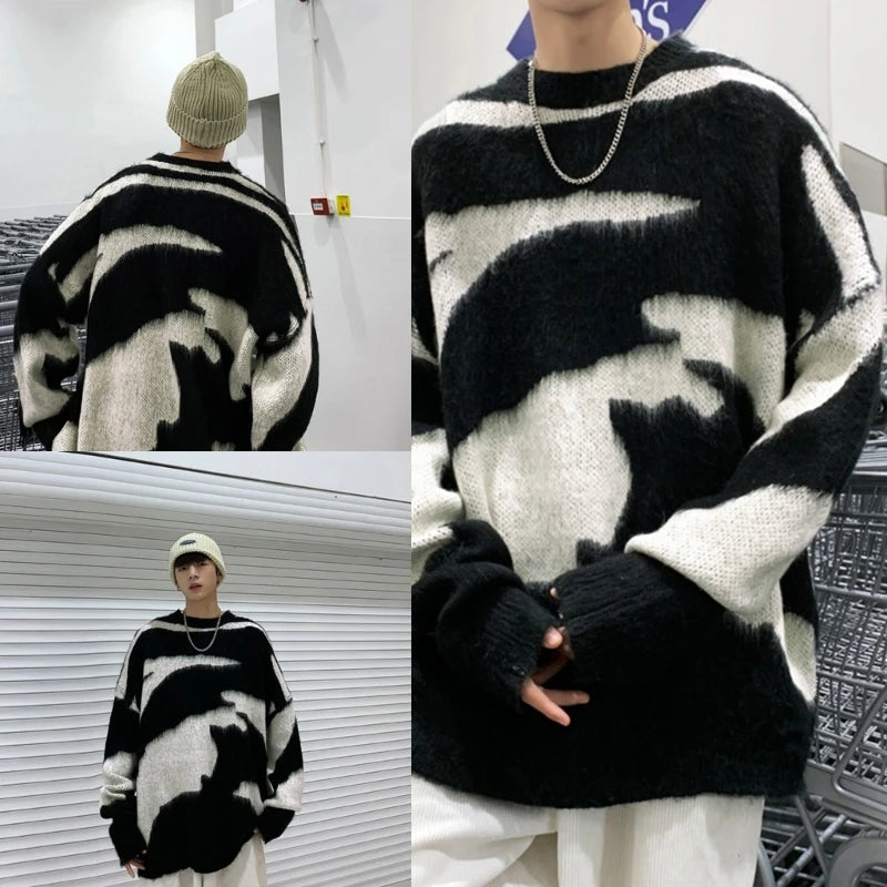 Men Women Harajuku Sweater Black White Tie Dye Pullover Top Round Neck Oversized Loose Knitted Jumper T-Shirt Streetwear