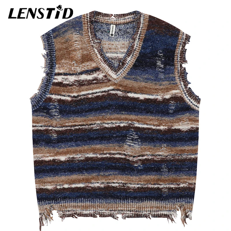 Autumn Men Sleeveless Knitted Jumper Sweaters Hip Hop Ripped Striped Knitwear Vests Streetwear Harajuku Fashion Casual Pullovers