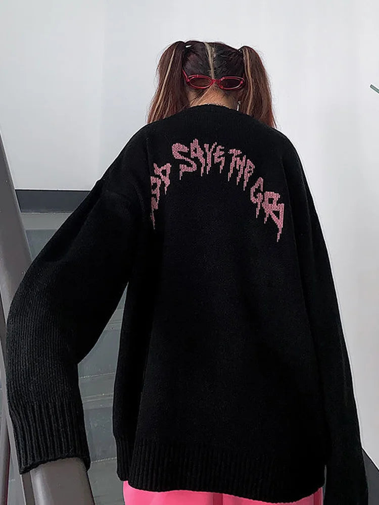 Woherb Black Sweater Women Harajuku Cartoon Girl Print Knitted Pullover 2023 Y2k Fashion Pull Femme Punk Korean Ulzzang Jumper