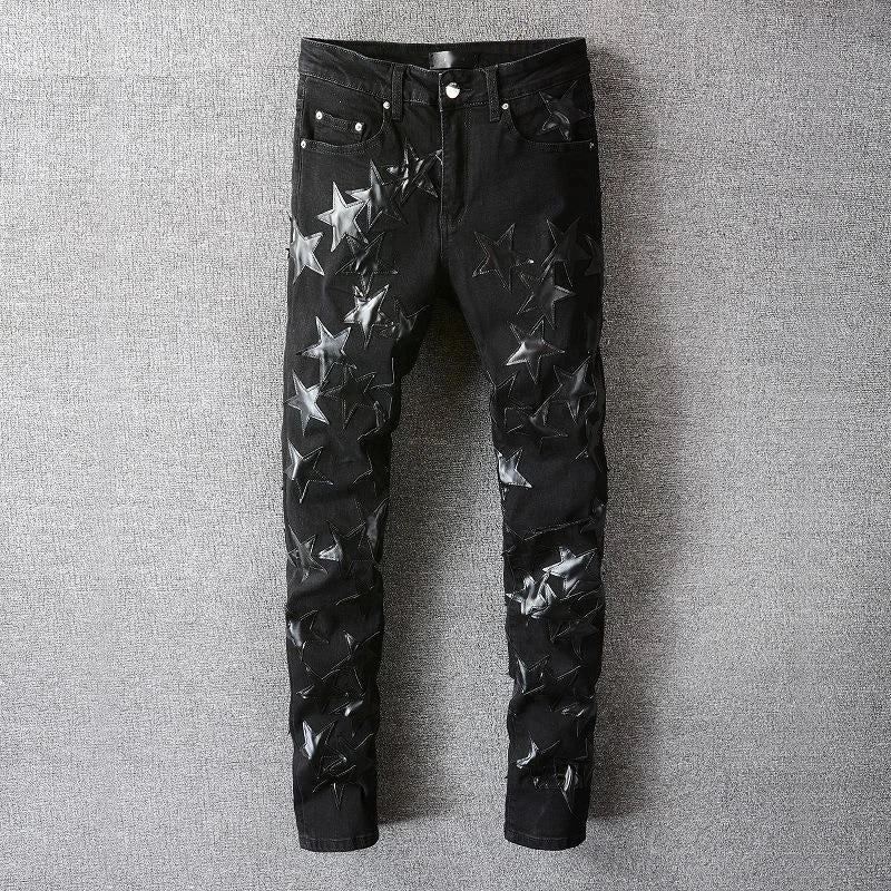 High Quality Brand Jeans Male Black Star Leather Patchwork Jeans Hole Repair Streetwear Jean Homme Ripped Jean Men Motorcy