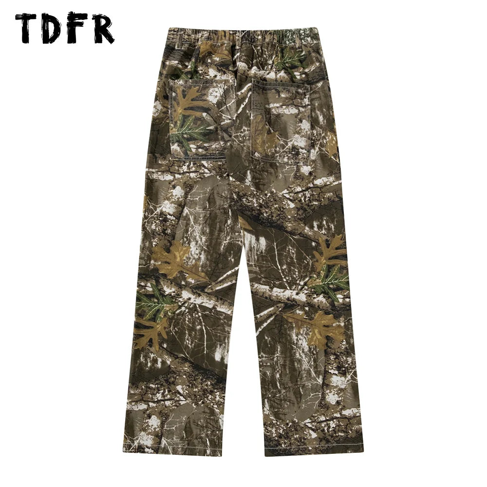 Letter Embroidery Cargo Pants Mens Camouflage Casual Safari Style Elastic Waist Loose Straight Wide Leg Trousers Men