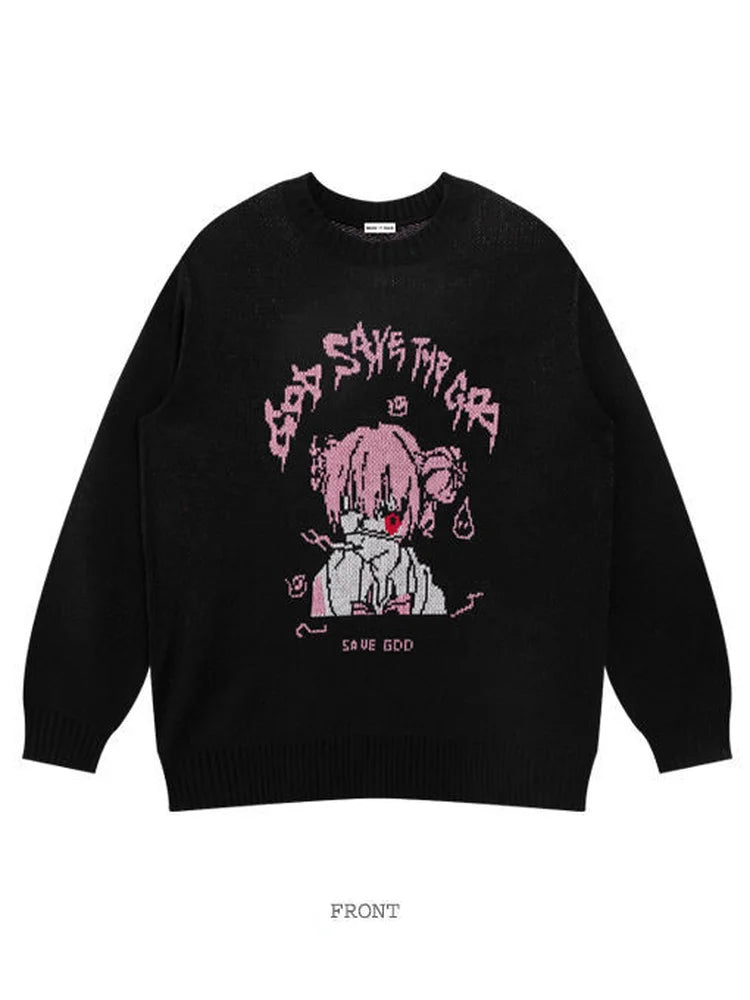 Woherb Black Sweater Women Harajuku Cartoon Girl Print Knitted Pullover 2023 Y2k Fashion Pull Femme Punk Korean Ulzzang Jumper