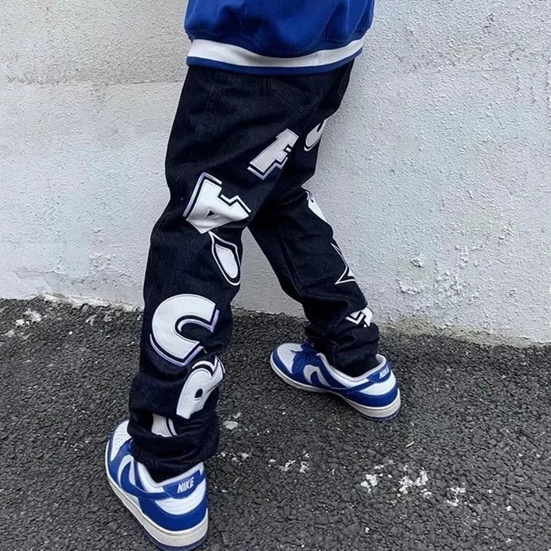 2022 Vibe Style Letter Star Print Streetwear Men Hip Hop Jeans Trousers Straight Baggy Denim Pants New Fashion Pantaloni Uomo