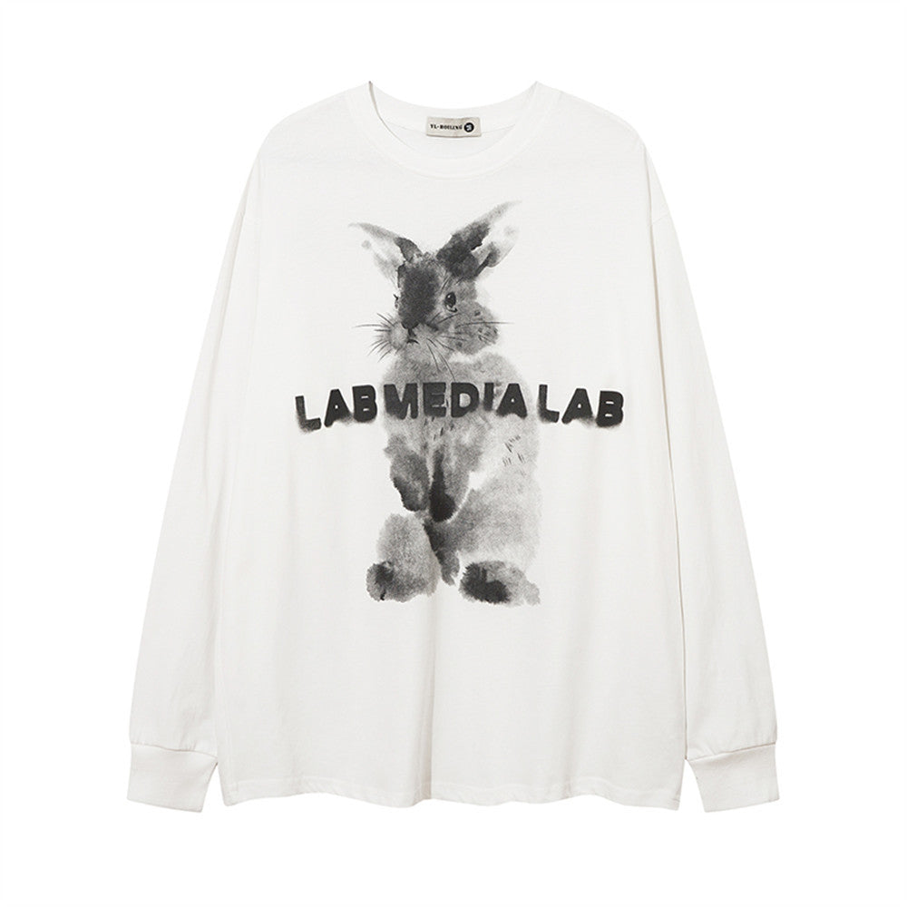 Loose Round Neck Pullover Rabbit Printed Long Sleeve T-shirt