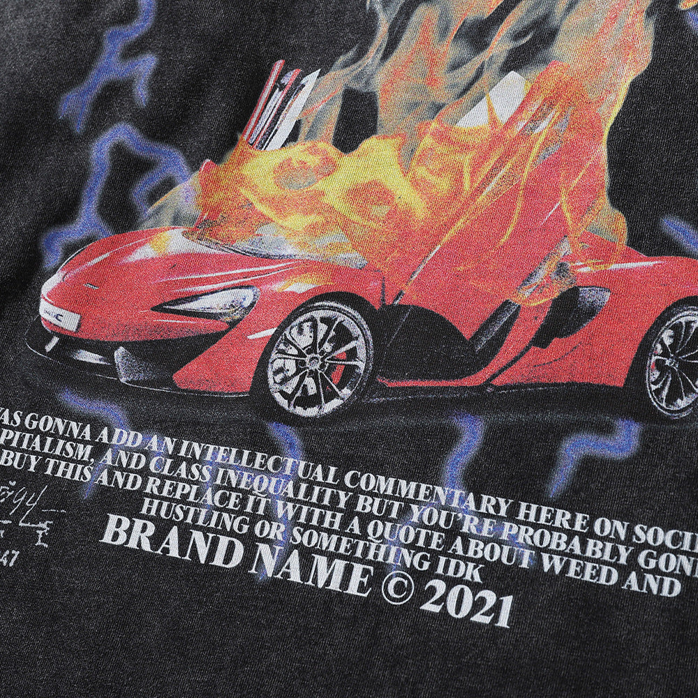 Flame Car Printing Long Sleeve European And American Fashion Brand Washed And Worn Round Neck Bottoming Shirt