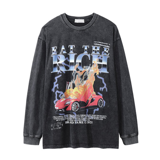 Flame Car Printing Long Sleeve European And American Fashion Brand Washed And Worn Round Neck Bottoming Shirt