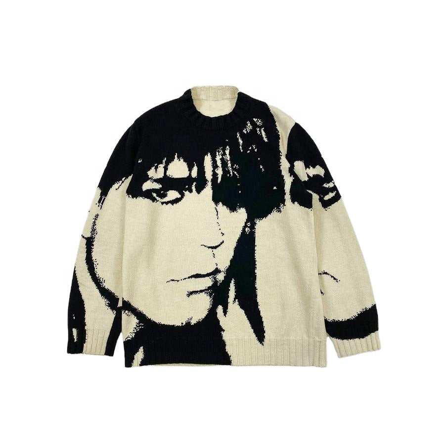 Vintage Men's Round Neck Sweater American Street Portrait