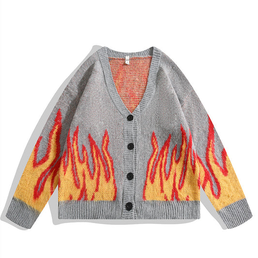 Men's And Women's Fashion Retro American Flame Cardigan Sweater