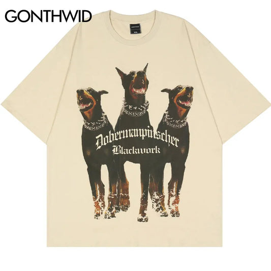 Mens Oversized T Shirt Streetwear Hip Hop Rottweiler Doberman Print Tshirts Harajuku Casual Cotton 2023 Summer Short Sleeve Tees