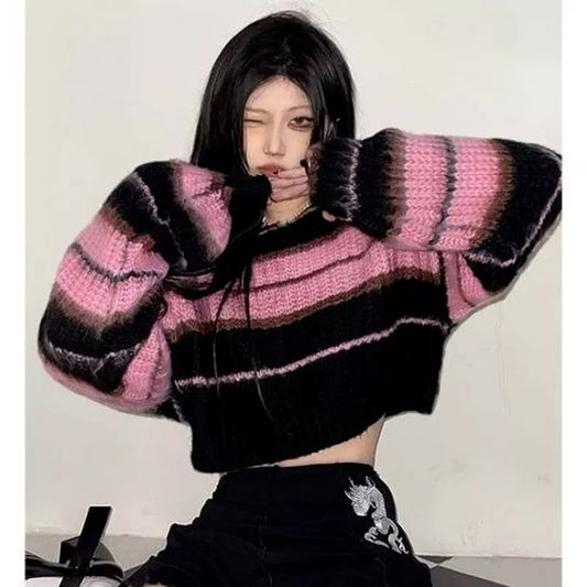 Deeptown Y2K Korean Style Pink Cropped Sweater Women Striped Jumper Vintage Female  Autumn Long Sleeve Crewneck Pullovers Tops