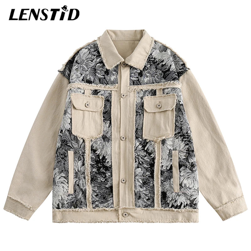 Autumn Men Cargo Bomber Jackets Hip Hop Jacquard Patchwork Windbreaker Jacket Streetwear Harajuku Casual Cotton Outerwear Coats