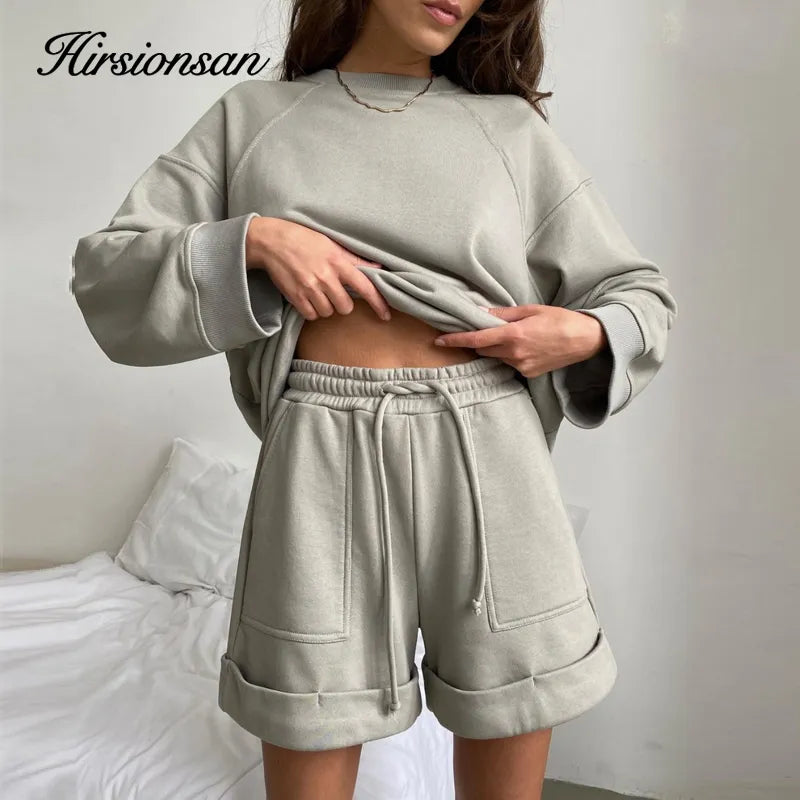 Hirsionsan Soft Cotton Sets Women 2022 New Casual Two Pieces Long Sleeve Sweatshirt & High Waist Shorts Solid Outfits Tracksuit