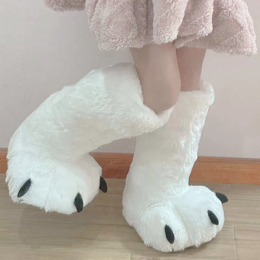 Winter Women Super High Boots Plush Bear Paws Slippers Platform Heel Indoor Floor Warm Slippers Floor Sock Boots